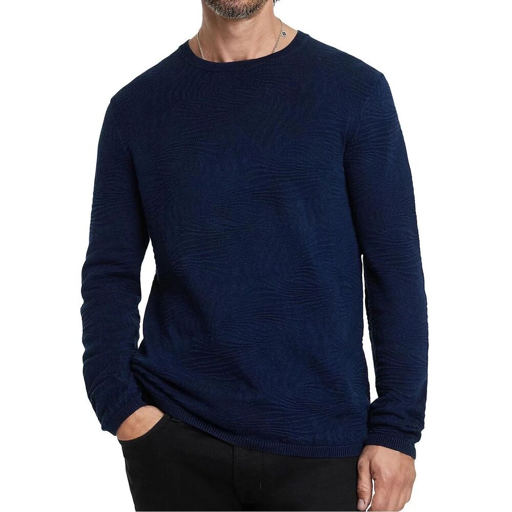 JOHN VARVATOS Mens Sweater Medium Navy Pullover Crew Jacquard Knit MERCER $228